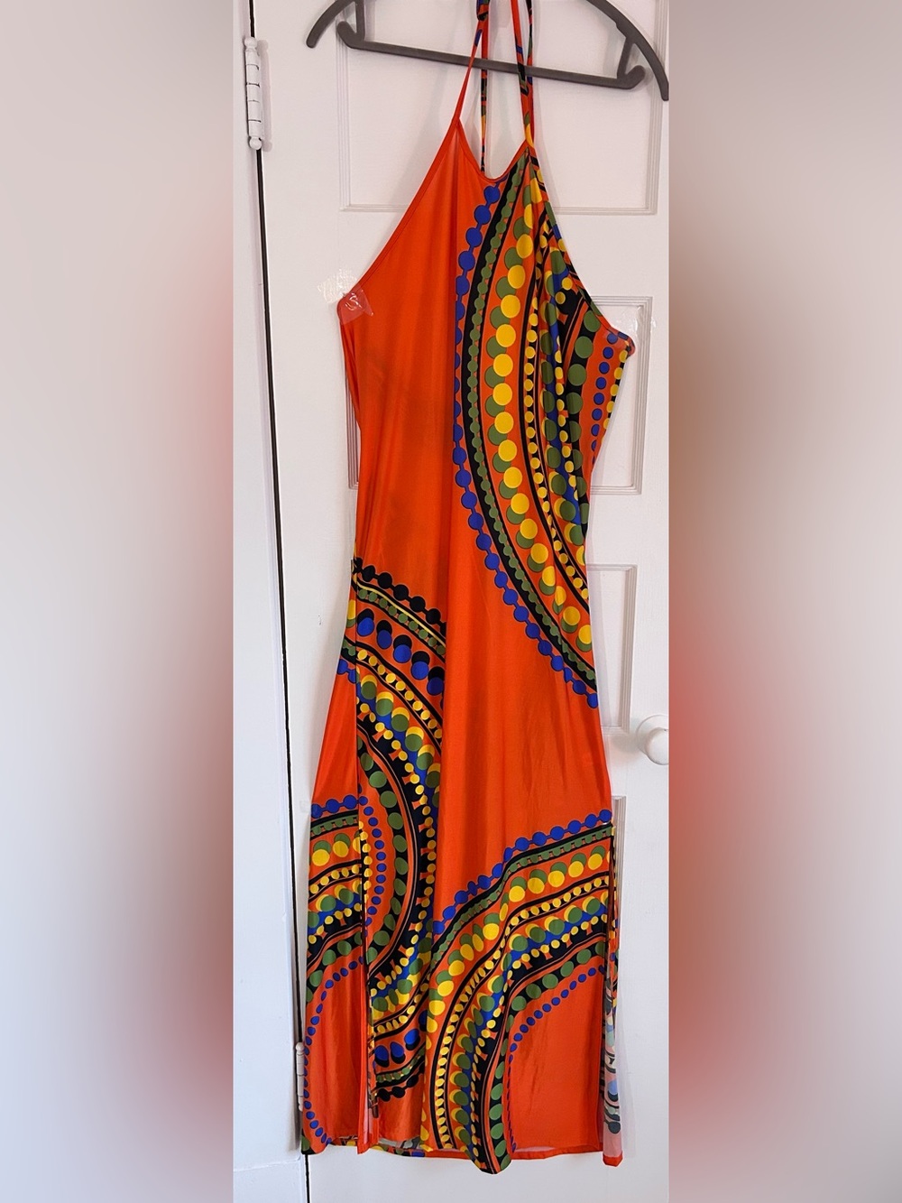 VENUS Orange Retro Print Halter Maxi Dress | Size L | Body Con | Double Slits